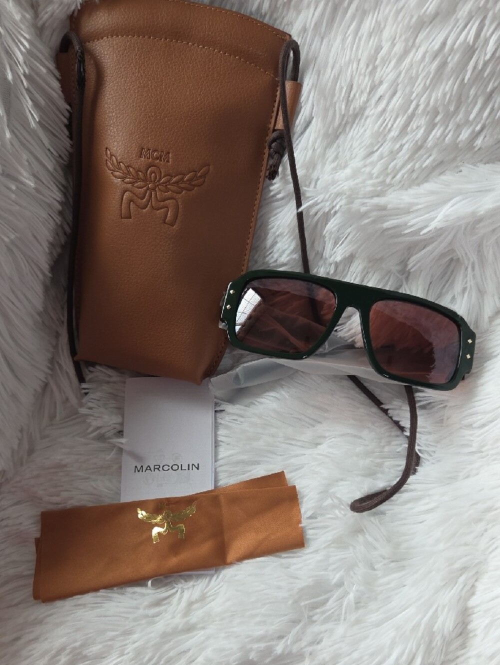 MCM Brown Leather Crossbody Pouch with Dark Green Sunglass Case - Picture 4 of 5
